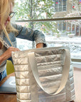 On the Go with Metallic Silver Puffer Tote Bag