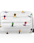 White puffer wallet with colorful dancing skiers pattern and black zipper