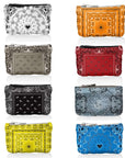 Set of colorful bandana patterned pouches in white, red, orange, beige, black, light blue, yellow, and blue on a white background