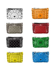 Set of colorful bandana patterned pouches in white, red, orange, beige, black, green, yellow, and blue on a white background