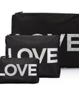 Set of Three Zipper Pouches - Black with Silver "LOVE"