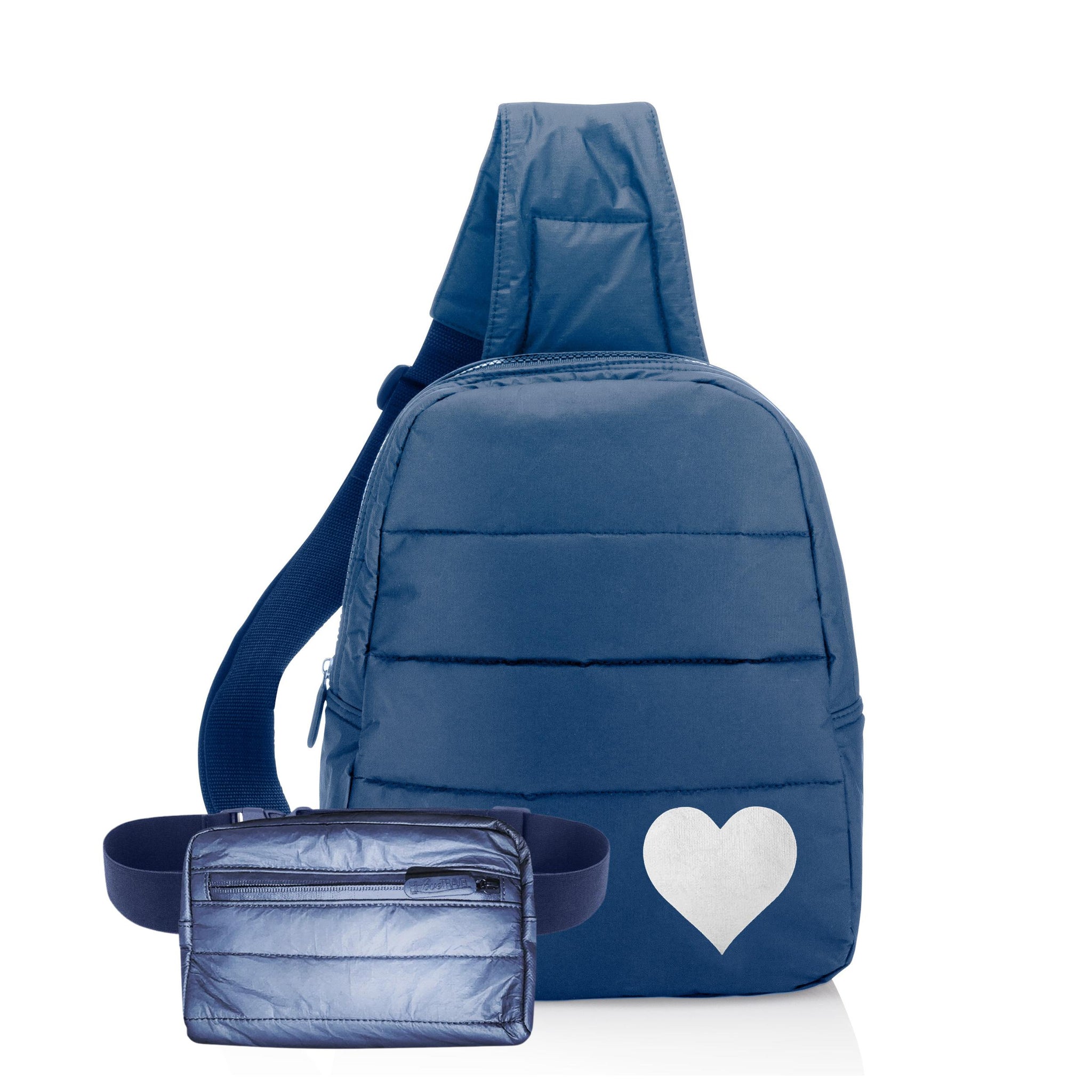 "Hike & Bike" Set of Two - Puffer Crossbody Backpack and Puffer Fanny Pack in Navy