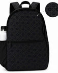 Black signature travel backpack with allover heart-and-logo pattern, side water bottle pocket, detail inset shown.