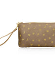 Shimmer bronze zip wristlet with metallic gold heart, moon, and star print and detachable wristlet strap on white background