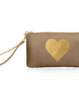 Zip Wristlet Shimmer Bronze Gold Heart with detachable metallic wrist strap shown against a white background.