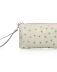 Golden shimmer beige zip wristlet with sea green stars and silver wrist strap