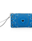 Zip wristlet in blue bandana print on white background