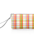 Zip wristlet pouch with pink, orange, yellow, and green plaid design