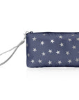 A navy blue wristlet with silver star patterns on white background