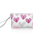 Zip wristlet in white with pink and gray hearts