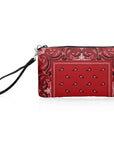 Zip wristlet in red bandana print on white background
