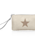Shimmer beige zipper wristlet with bronze star and silver clip on wrist strap