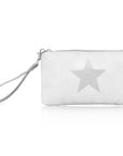 A white wristlet with a silver star design and a detachable wrist strap on white background