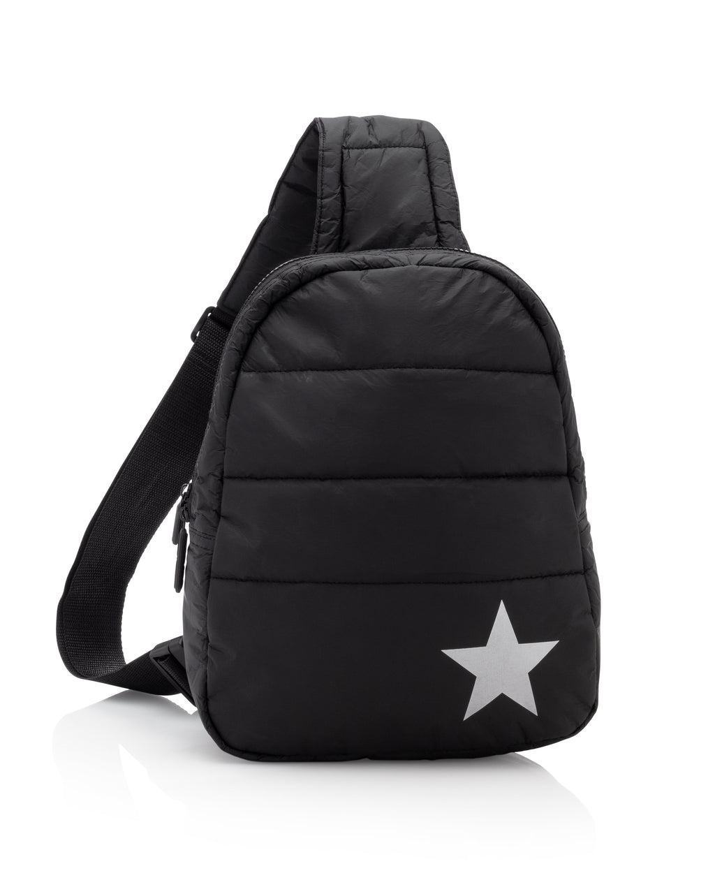 Puffer Crossbody Backpack & Water Bottle Holder in Black Silver Star