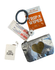 Care Pouch with Gift Card Pouch in Silver with Gold Heart, Band Aid, Pony Tail Holder and Single Use Hand Sanitizer