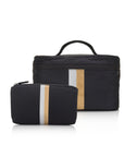 Cosmetic set with cosmetic case and mini pouch in black with silver and gold stripes