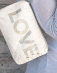 Mini pouch in shimmer white with silver "love"