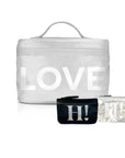 Cosmetic set in cosmetic case and emergency pouches in silver and black with "love" and "H!"