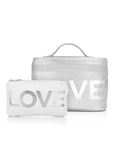 Cosmetic set with silver cosmetic case with "love" and white mini pouch in "love"