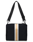 Crossbody purse in black with silver and gold stripes