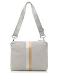 Crossbody purse in earth gray with silver and gold stripes