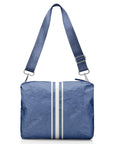 Crossbody purse in shimmer navy with white stripes