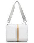 Crossbody purse in shimmer white with silver and gold stripes