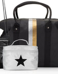 Duffel set with weekender duffel in black with silver and gold stripes, black cell phone purse, silver cosmetic case with black star
