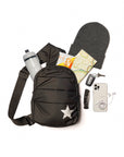 Puffer Crossbody Backpack in Black with Silver Star