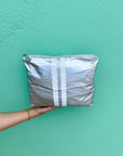 Makeup Pouch - Travel Bag - Medium Pack - Metallic Silver Bag with Shimmer White Stripes