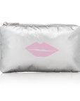 Mini zipper pouch in silver with pink lip on white background