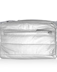 Puffer Crossbody Fanny Pack Belt Bag in Silver with Gray Strap on White Background