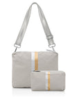 Purse set with crossbody purse and mini pouch in earth gray with silver and gold stripes