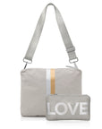 Purse set in crossbody purse in earth gray with silver and gold stripes and mini pouch in earth gray with silver "love"