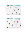 Gift Card size pouch set of two in dancing skier pattern with blue zipper