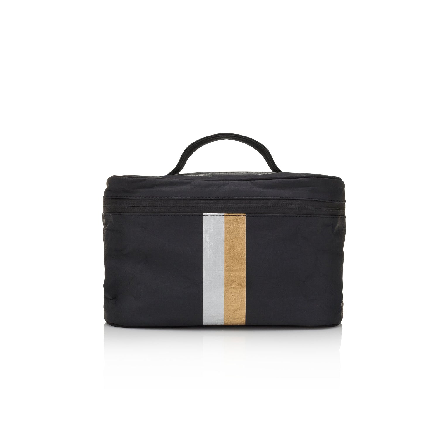 Hi Love Cute Cosmetic Case - Lunch Box - Black with Metallic Silver and Gold Stripes