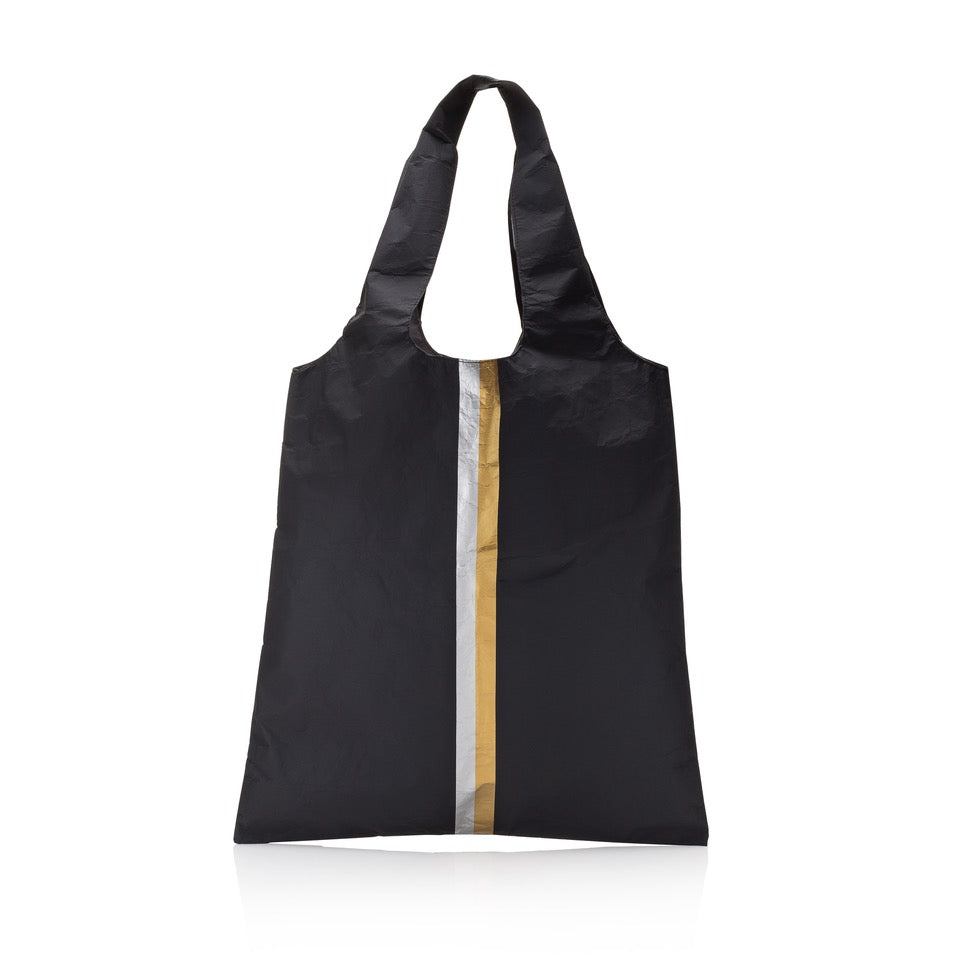 Carryall Tote Bag with Pocket in Black with Silver & Gold Stripes