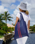 shoulder tote bag navy blue with red stripe