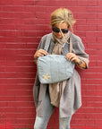 Puffer Crossbody Backpack in Shimmer Gray with Golden Beige Star