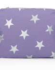 Medium zipper pouch in purple with silver multi stars on white background