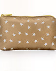 Mini zipper pouch in gold with myriad white stars on white background