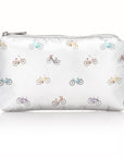 Mini white zipper pouch with myriad of colorful bicycles pattern