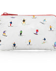 mini pouch with red zipper in dancing skiers pattern