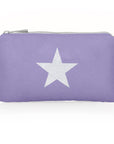 Mini zipper pouch in shimmer purple with silver star on white background