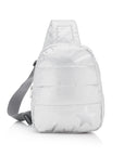 Puffer Crossbody Backpack in Shimmer White with Silver Star