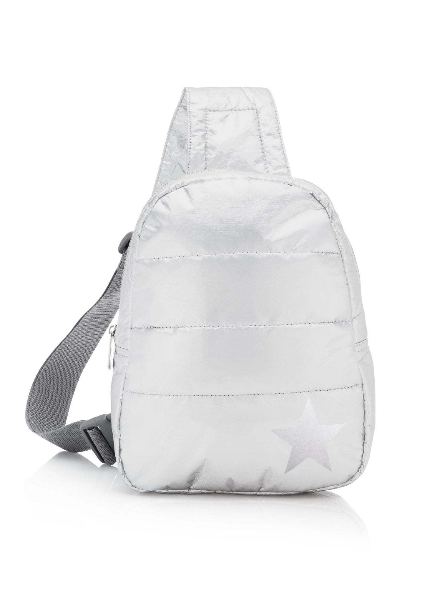 Puffer Crossbody Backpack in Shimmer White with Silver Star