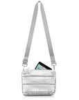 silver crossbody puffer purse with iPad