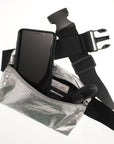 Layflat Fanny Pack Belt Bag in Silver with everyday essentials on white background