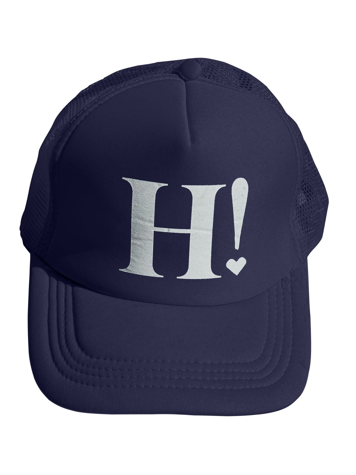 navy blue baseball cap with silver "Hi"