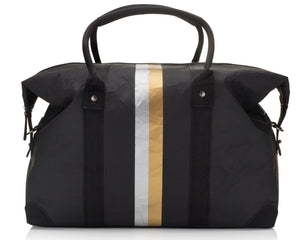 The Weekender Bag in Black with Silver and Gold Stripes